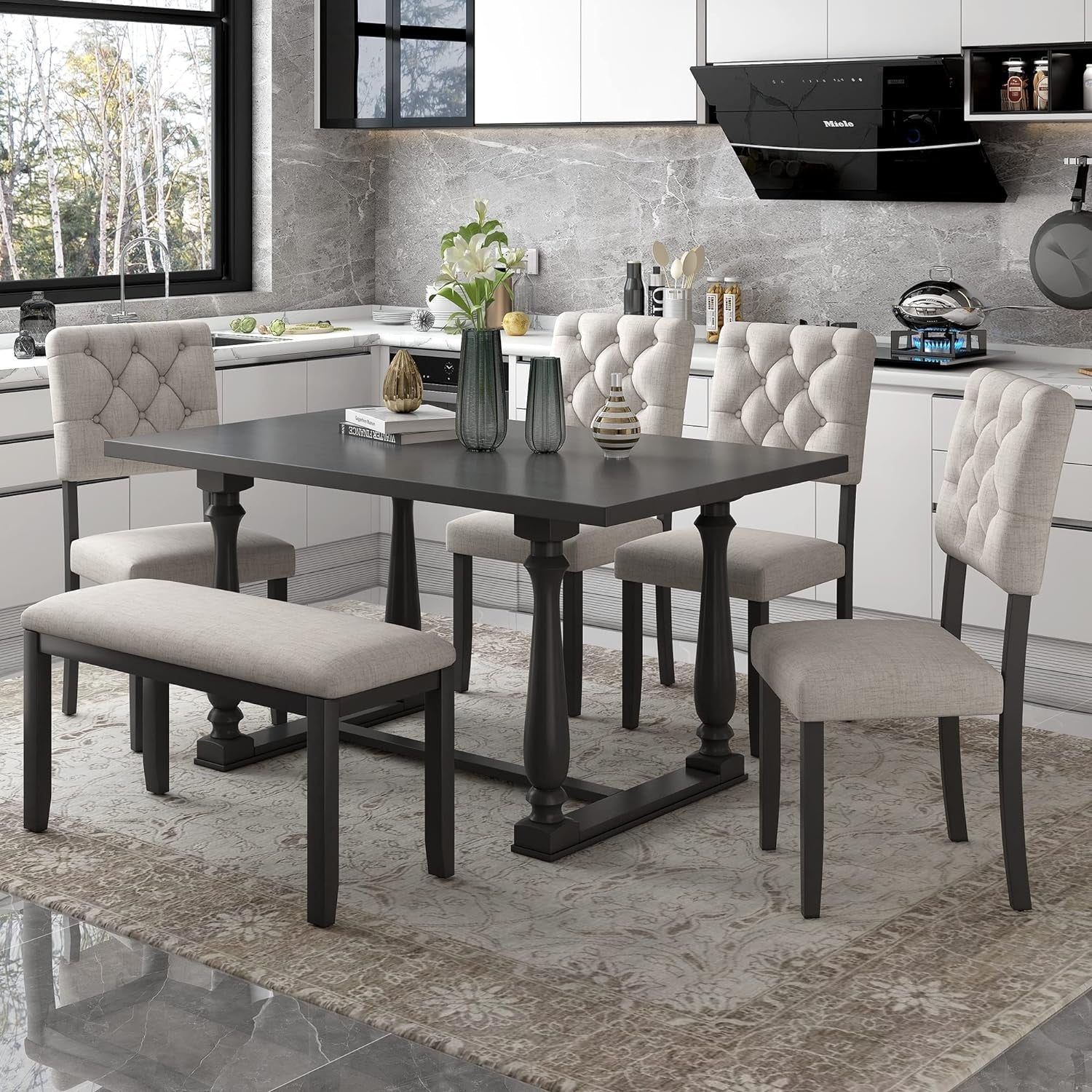 Six Person Premium Solid Wood Dining Table Set Bench