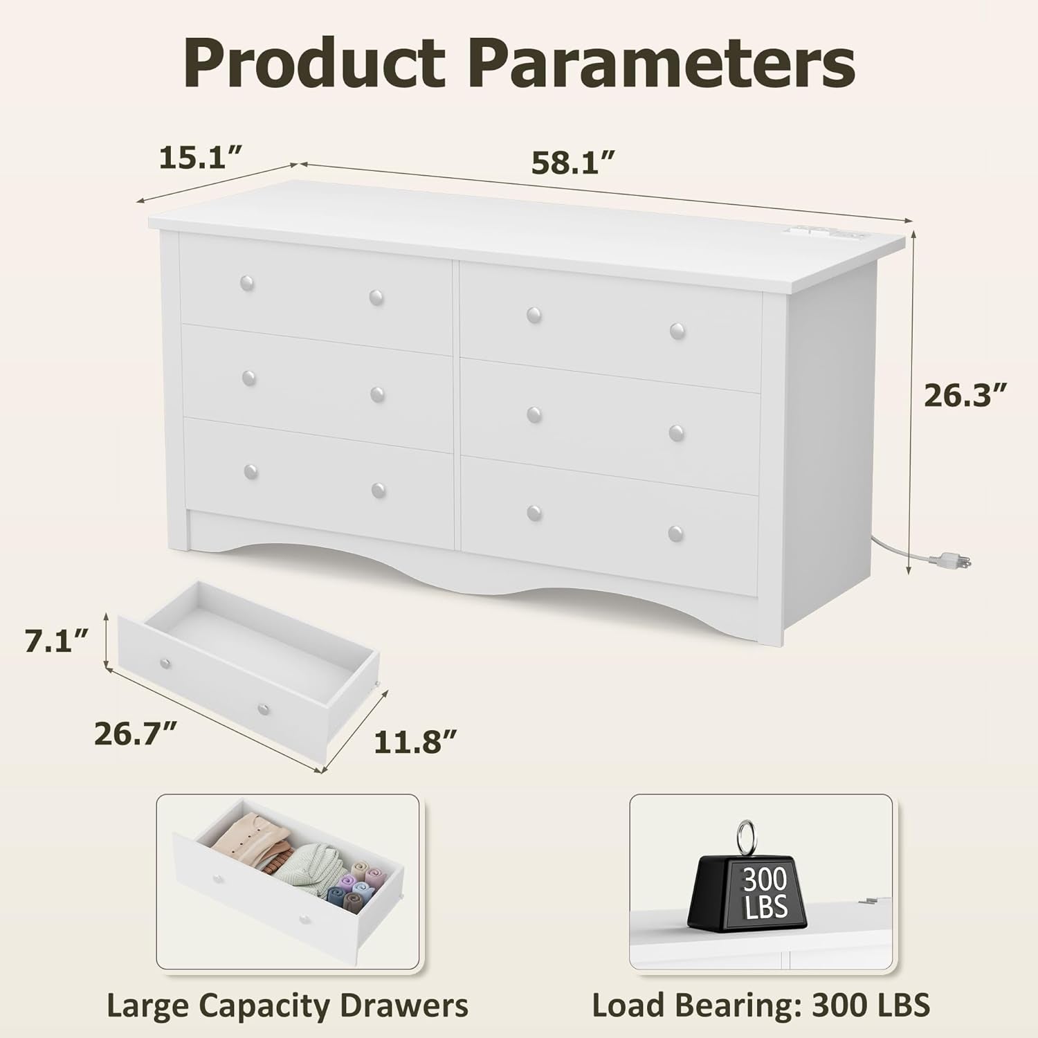 Eggshell WardrobeSystem Six Drawer Dresser With USB Type C Charging-1