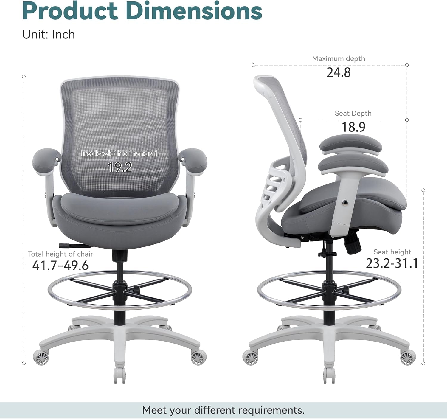 Ergonomic office chair with detailed dimensions on a white background