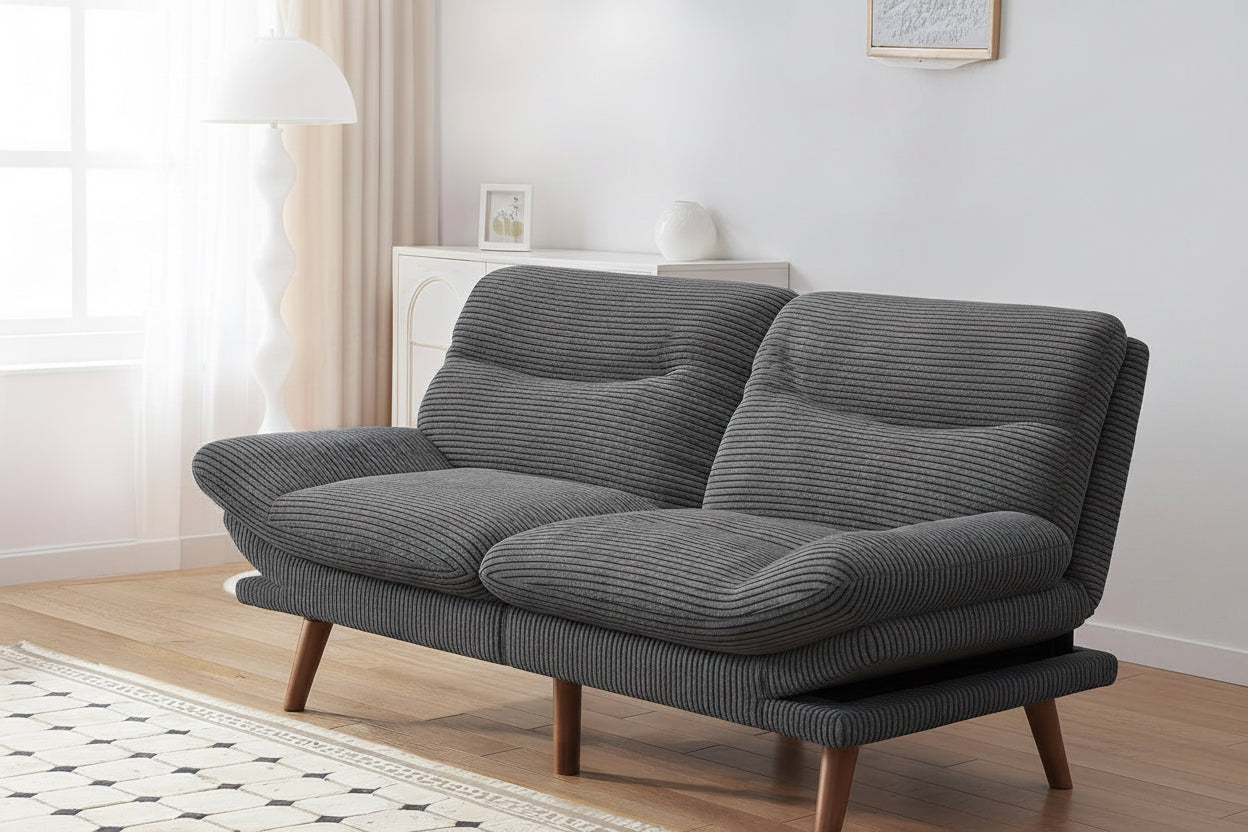 Woman relaxing on a couch with large cushions, text 'Soft and Comfortable Large Cushions for Ergonomic Support'.