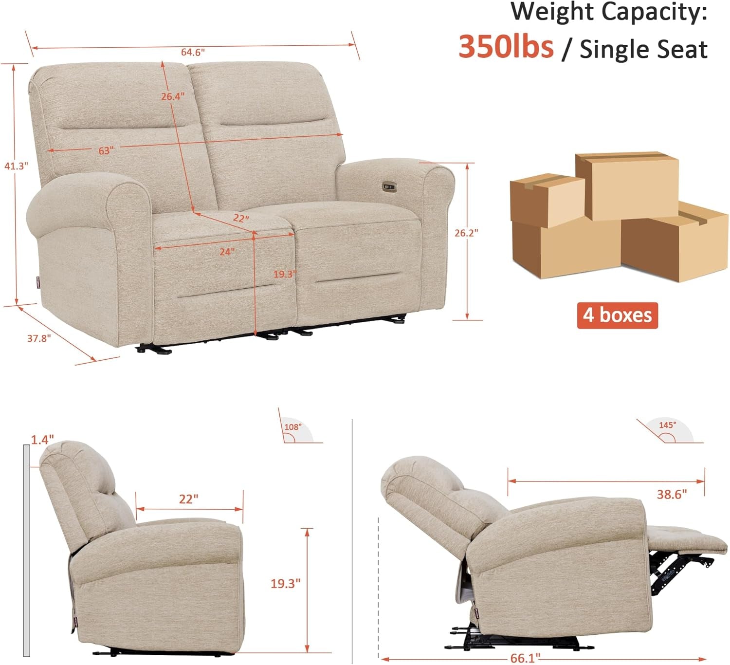 Beige recliner chair with dimensions and weight capacity information displayed.