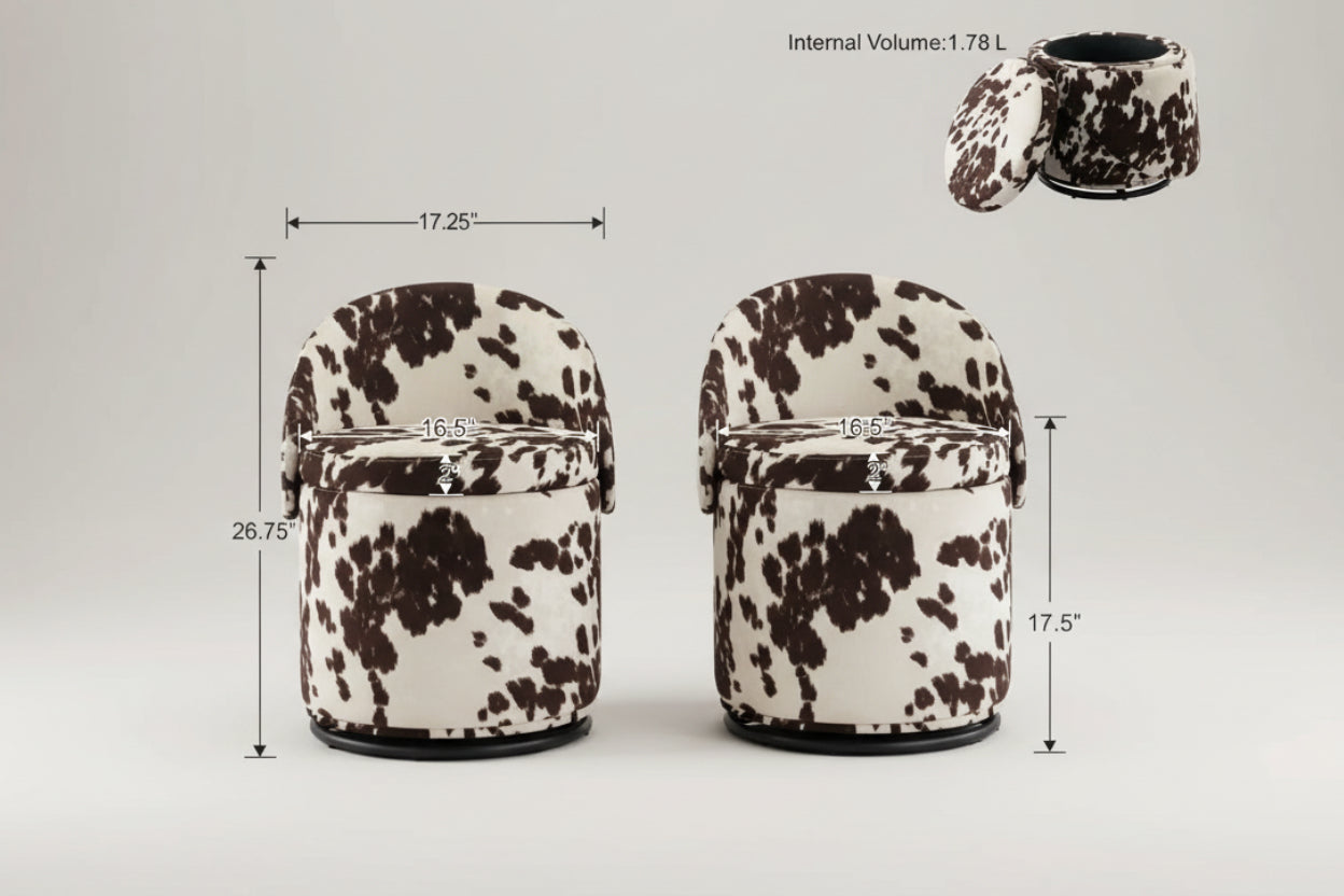Cow print ottoman with dimensions labeled