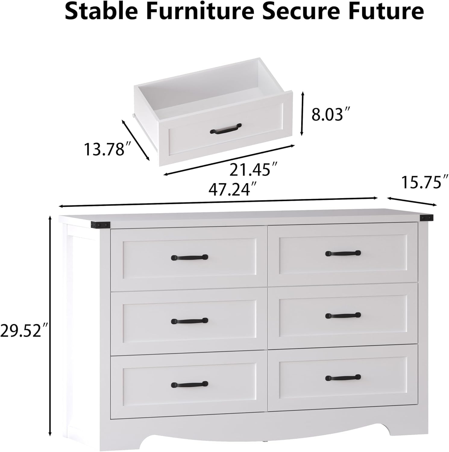 White dresser with dimensions labeled on a white background