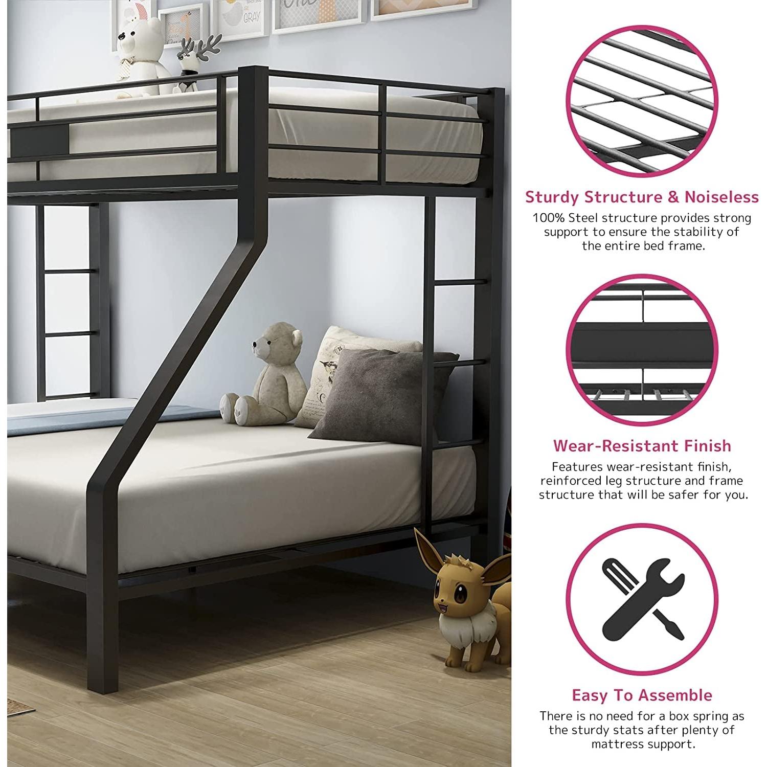 Bunk bed with teddy bear and pillow in a room setting, featuring product features on the right.