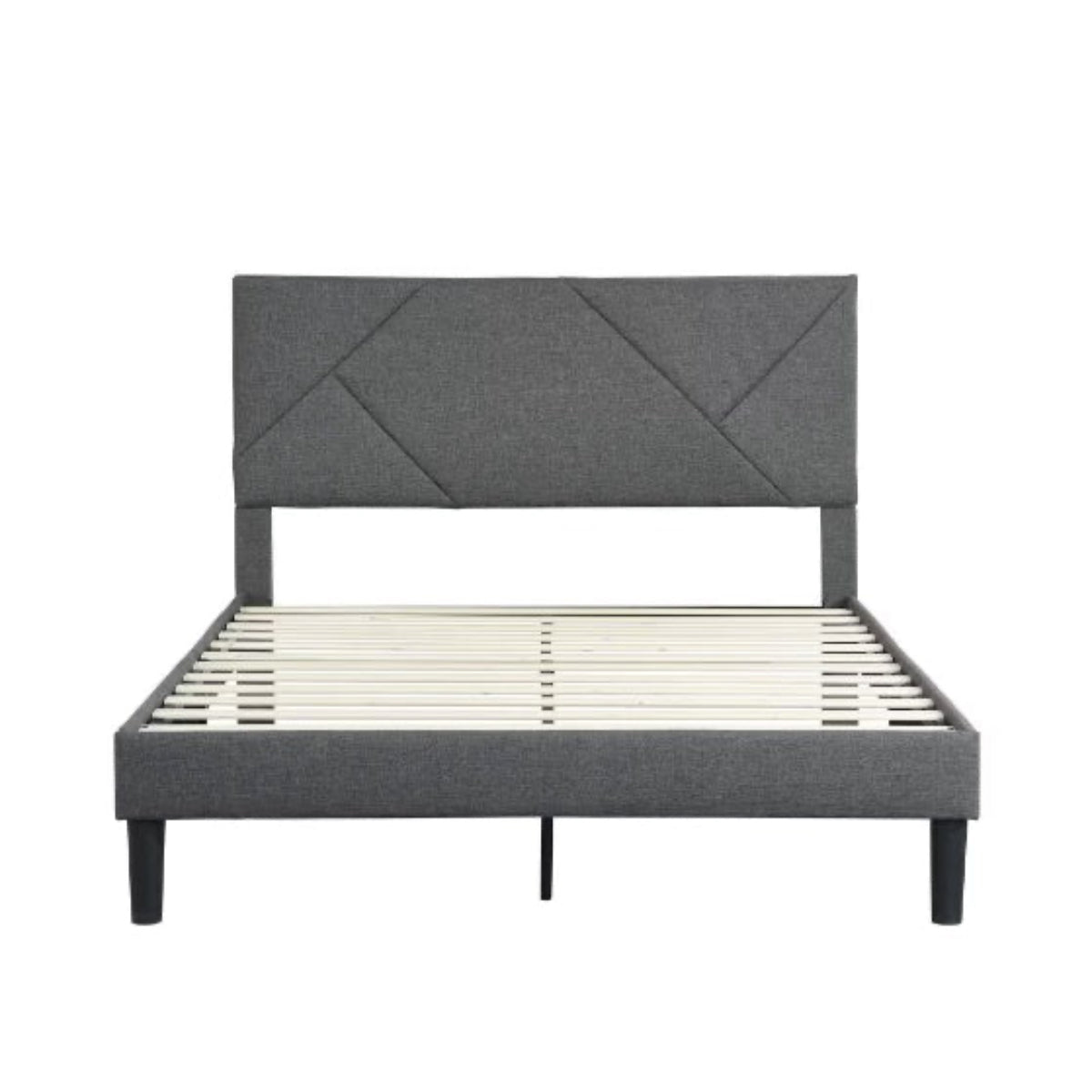 Gray upholstered bed frame with wooden slats on a white background