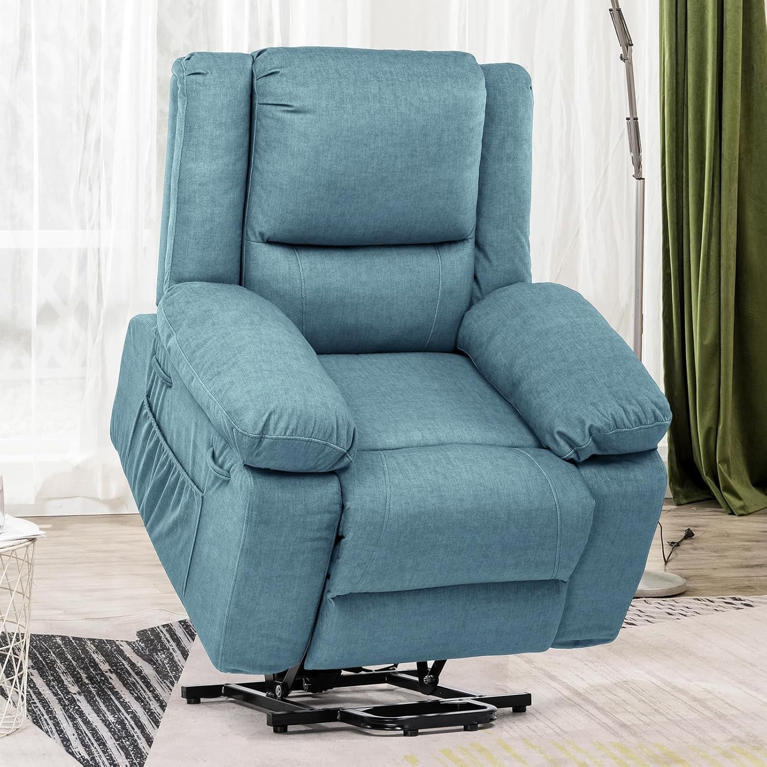 Electric Power Lift Chairs Recliners for Elderly,Recliner Chair with Massage and Heat,2 Side Pockets, Fabric(Blue)-1