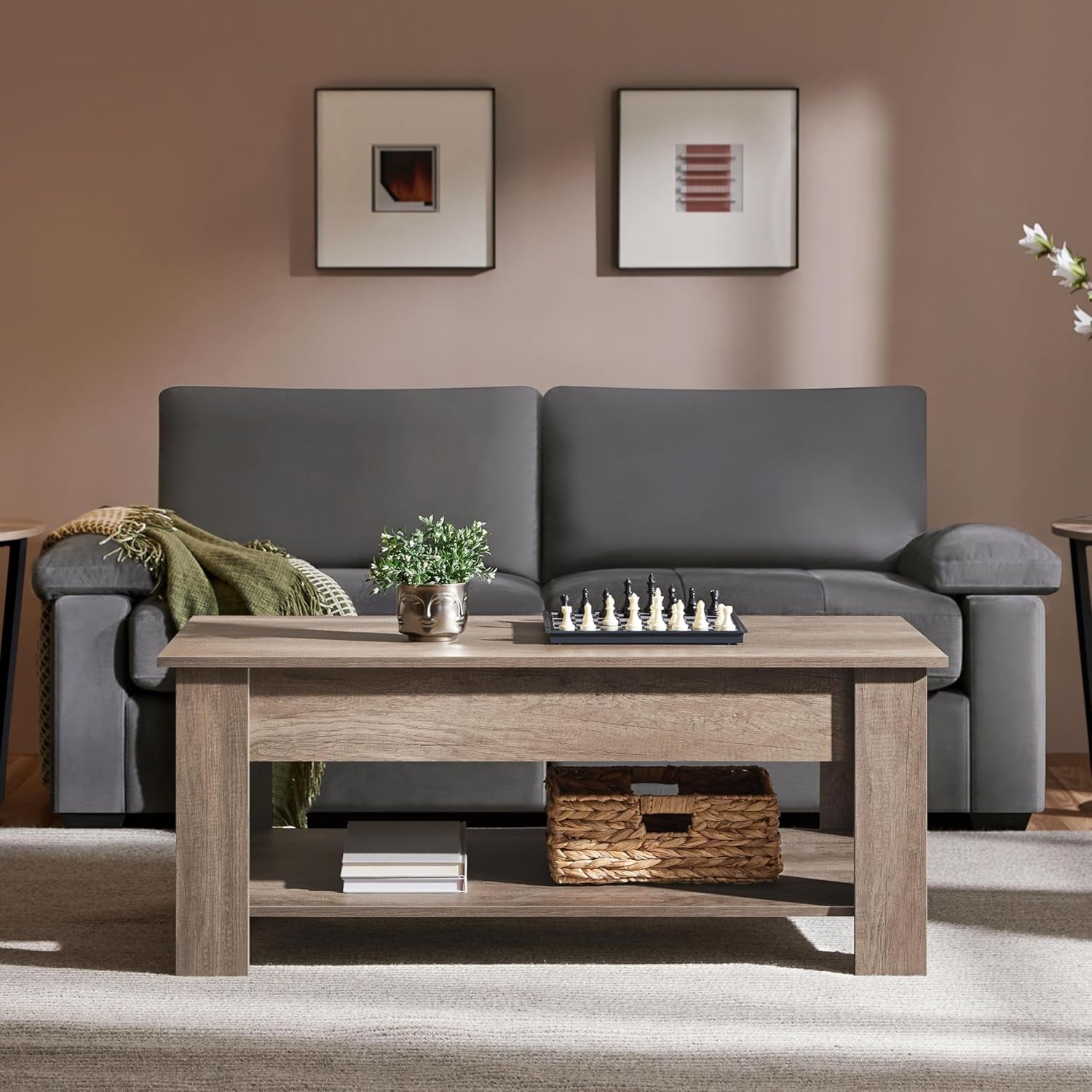 Living room with a gray sofa, wooden coffee table, and decorative elements.