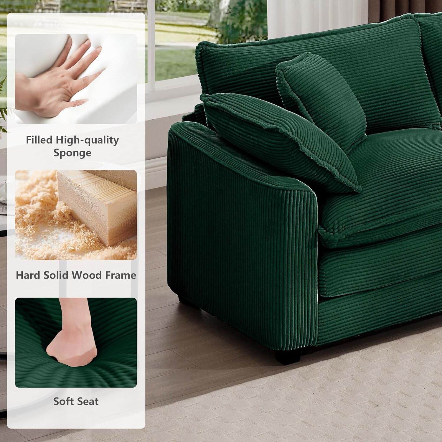 Green sofa with cushions in a living room setting, featuring text on product features.