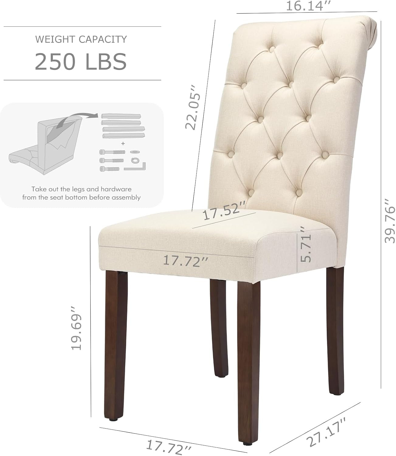 Beige upholstered chair with dimensions and weight capacity on a white background