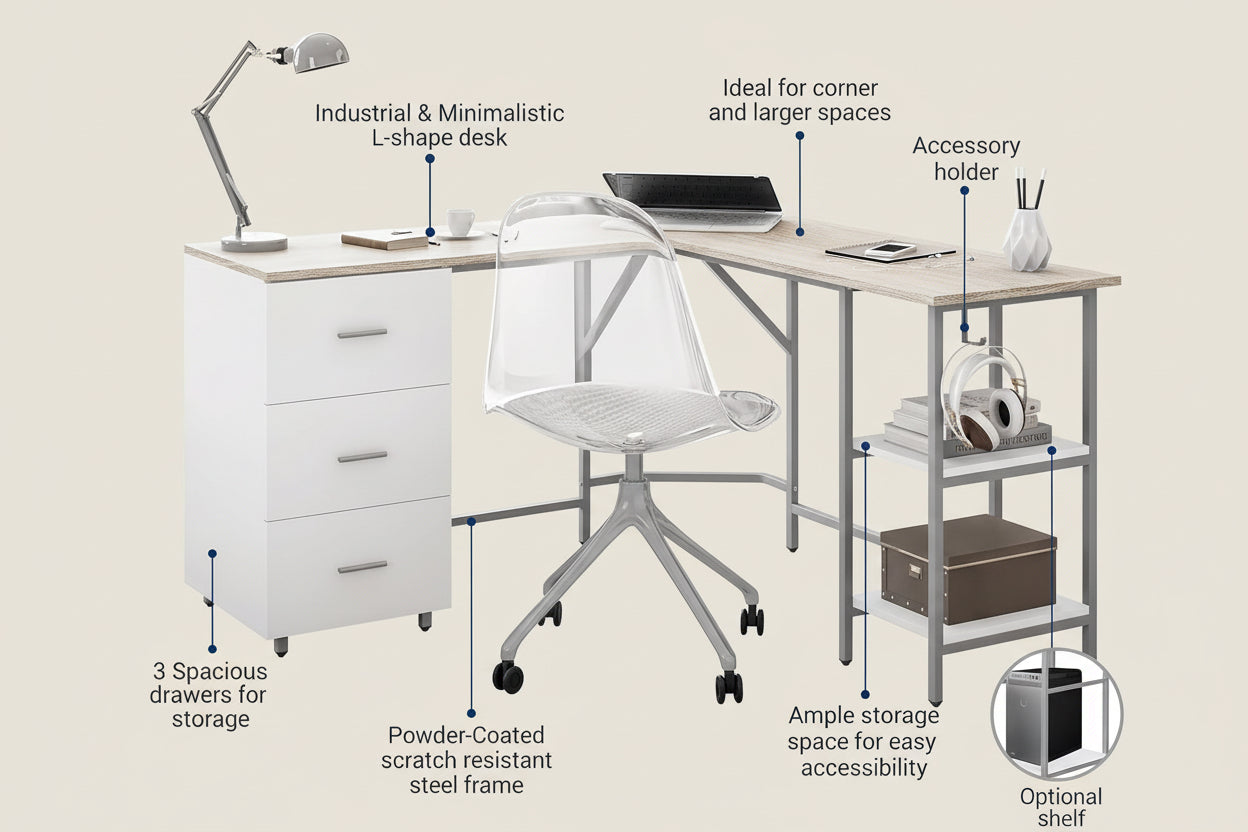 L-shaped desk with chair and storage shelves, featuring text on its features.