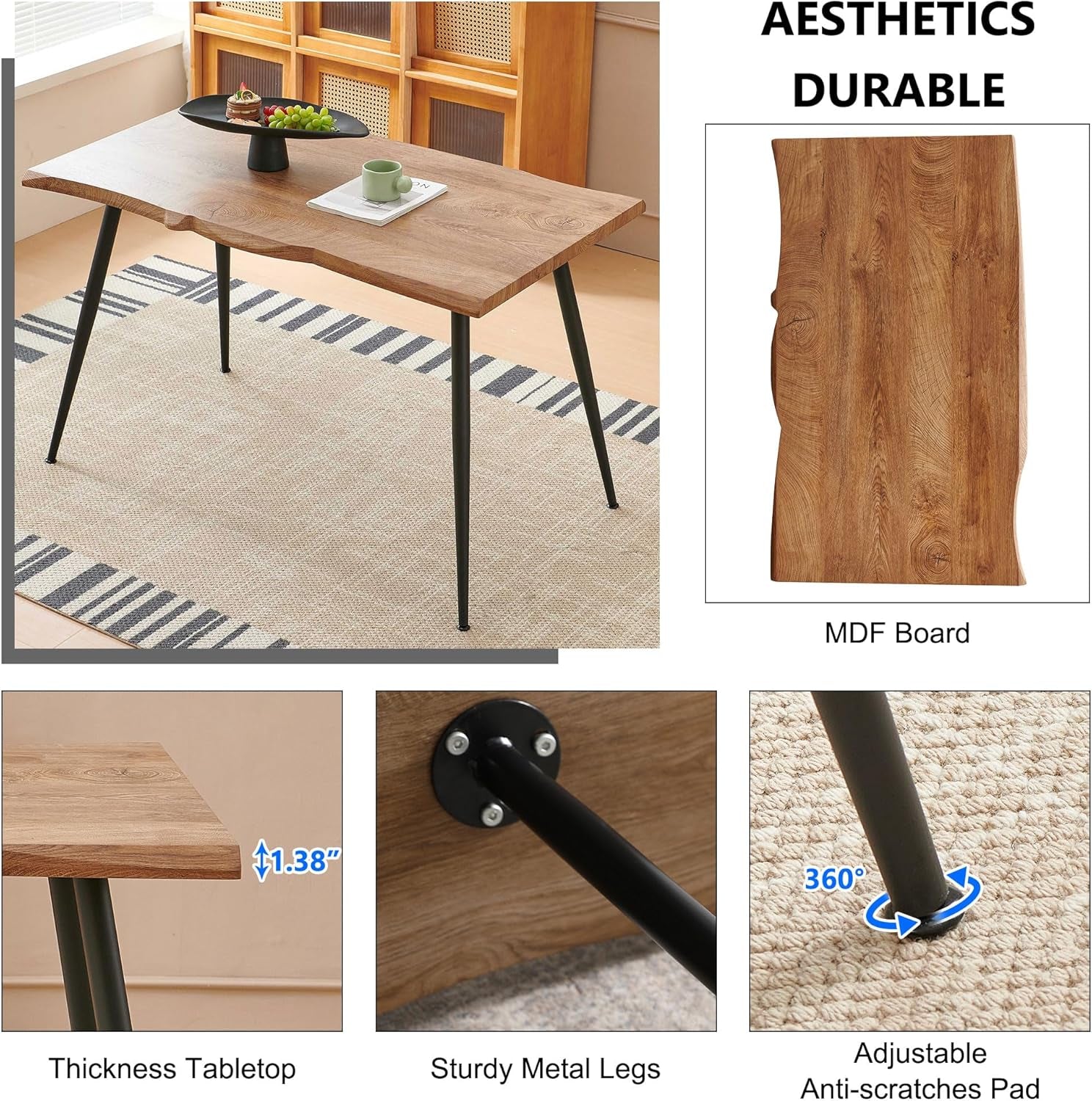 Wooden table with black metal legs on a carpeted floor, featuring text on durability and product features.