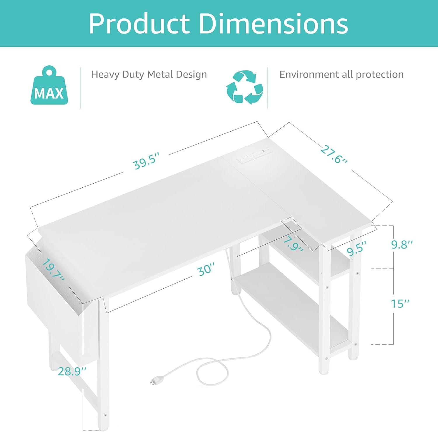 White L Shaped Computer Desk with Power Outlet Shelves, 40 Inch Small Corner Desk for Small Space Home Office, L-Shaped Desk PC Desks, White-2