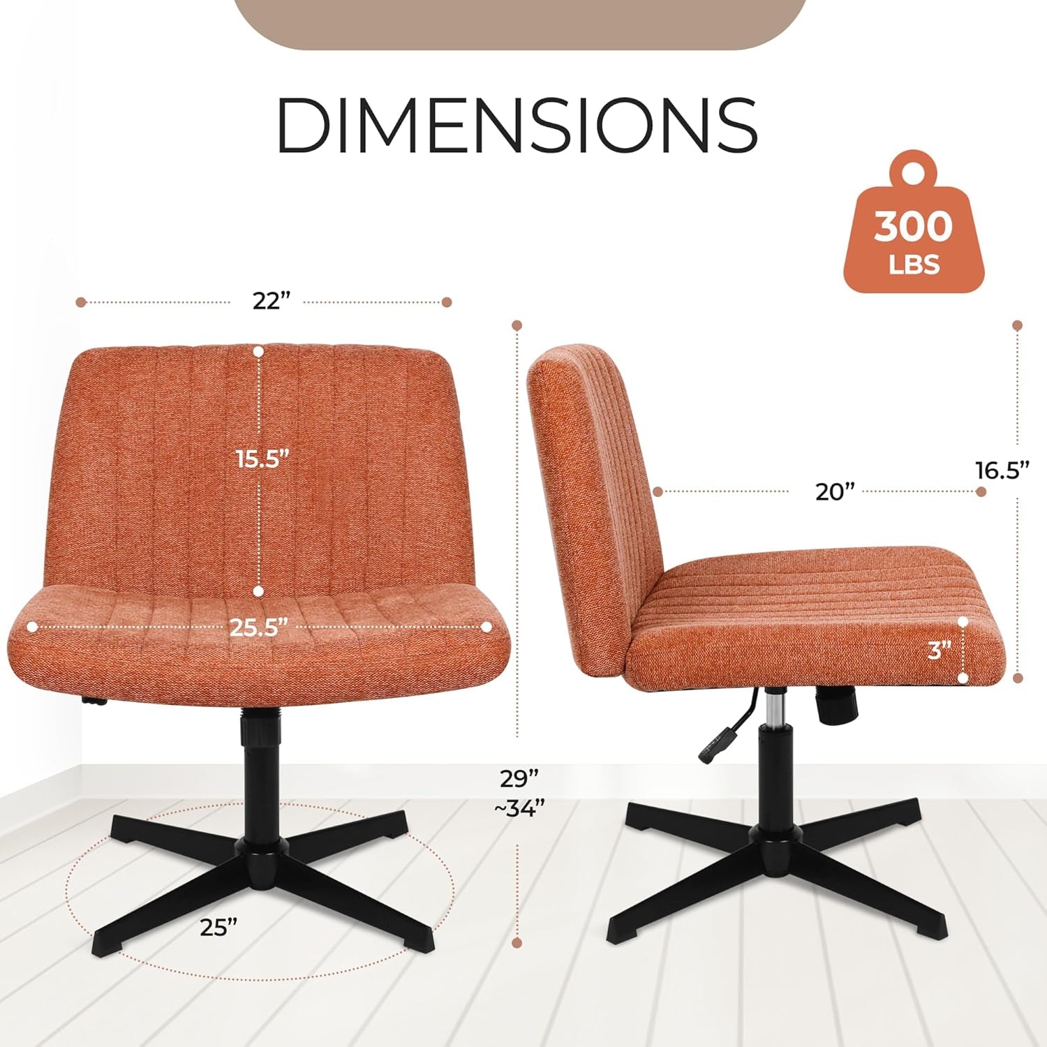 Orange office chair with dimensions and weight capacity on a white background
