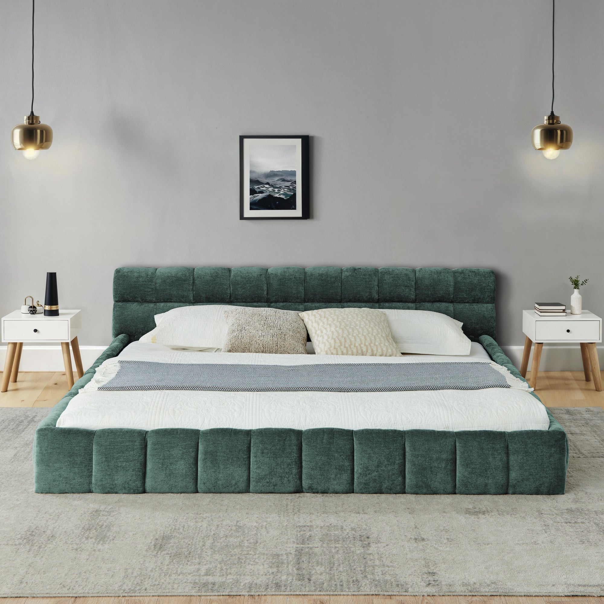 Upholstered Bed Frame with Thick Chenille Fabric, Grounded Platform