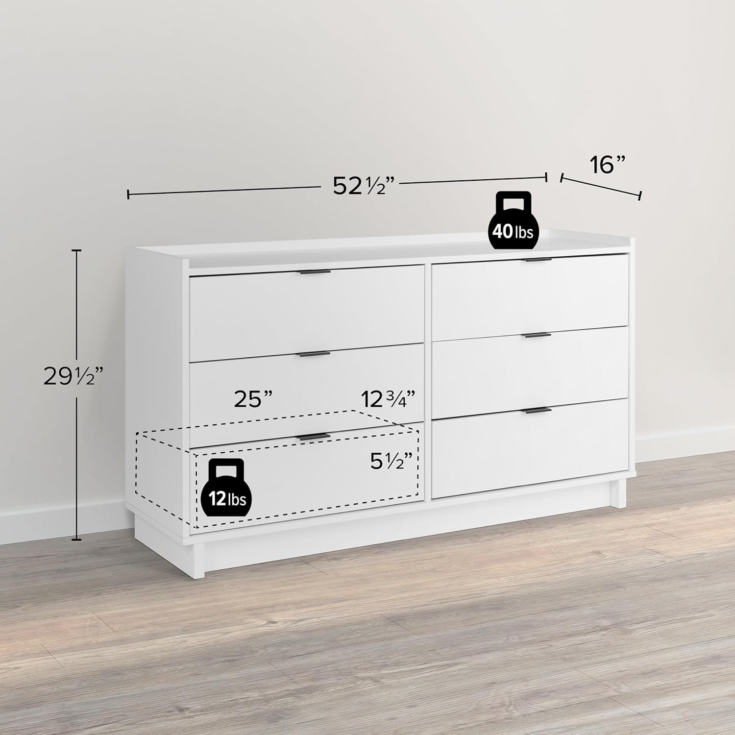 White dresser with dimensions and weight labels on a gray background