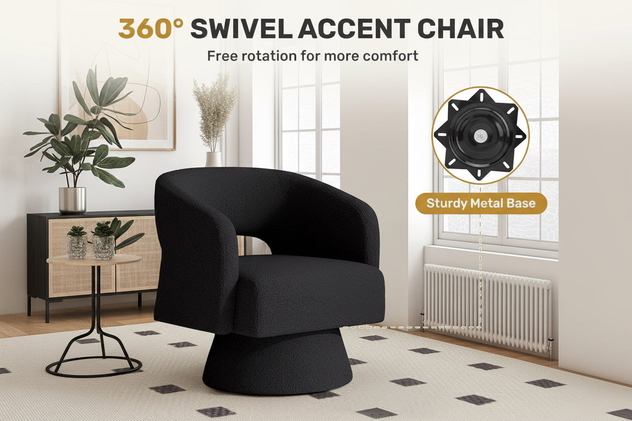 Woman sitting in a 360-degree swivel accent chair reading a magazine, with text highlighting features like free rotation and sturdy metal base.