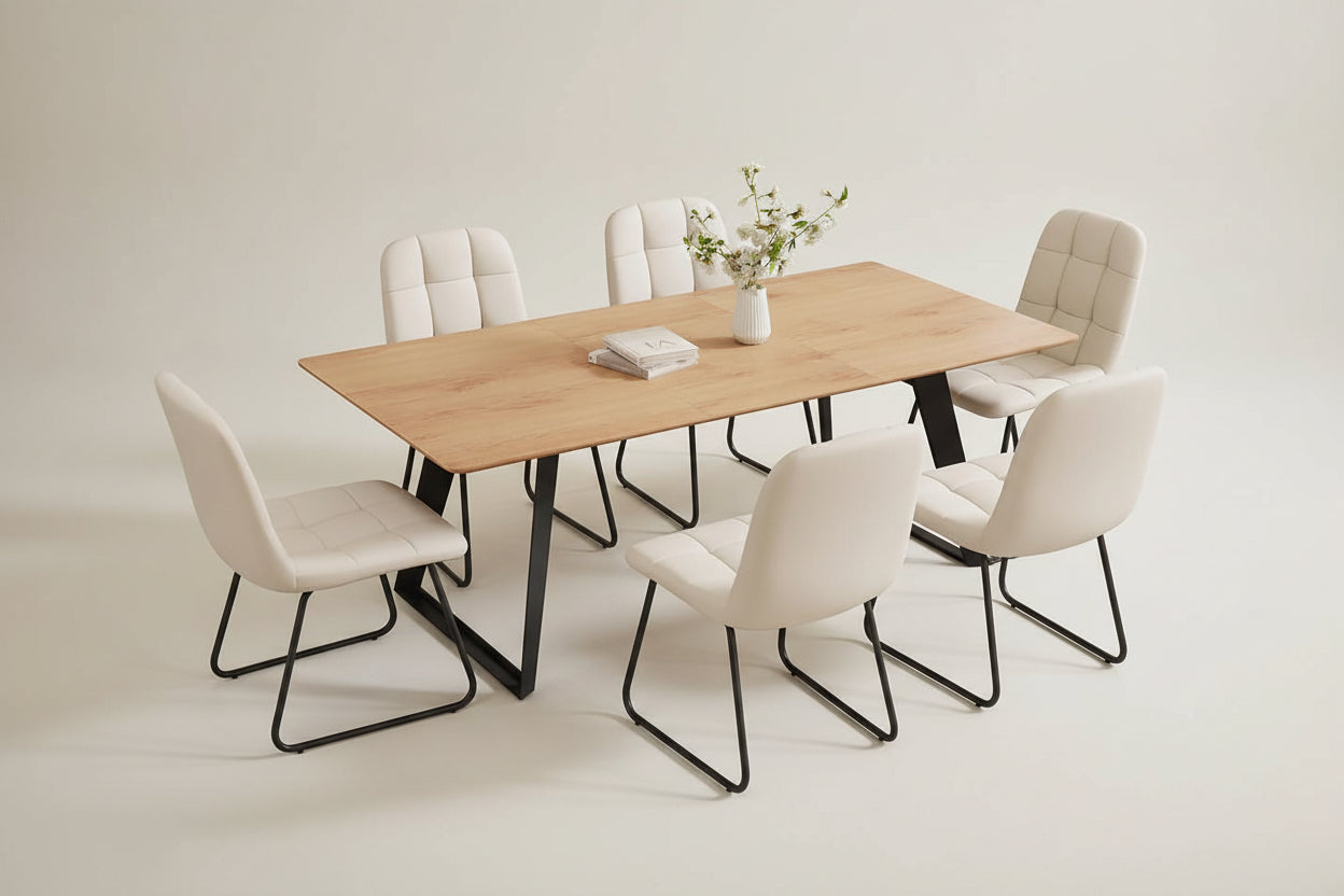Dining table set with six beige chairs on a white background