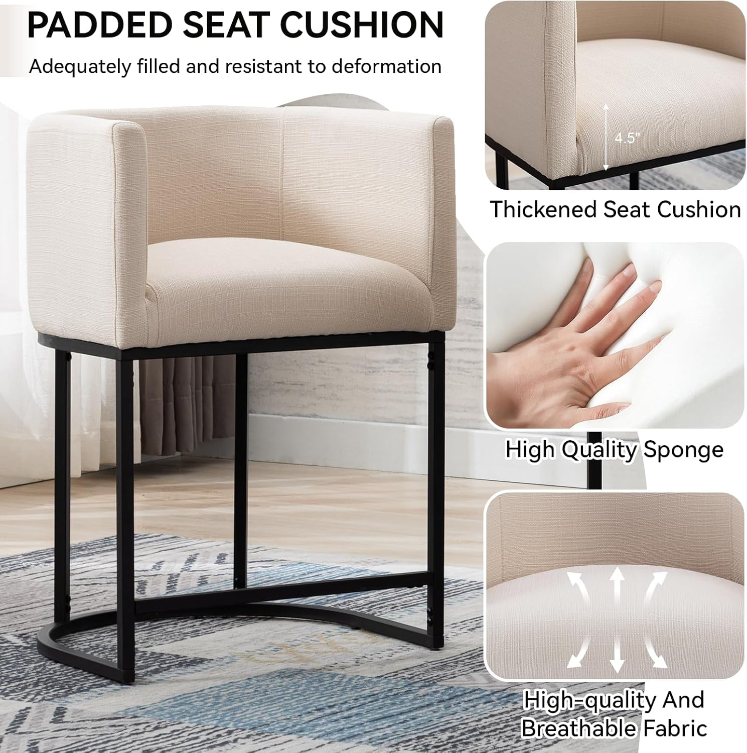 Beige chair with padded seat cushion, thickening, high-quality sponge, and breathable fabric features.