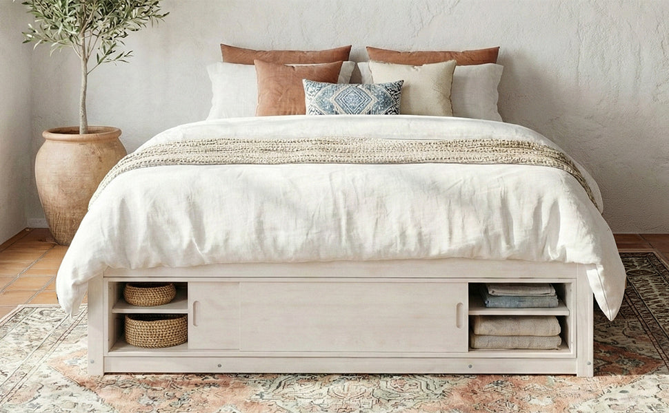 Platform Bed Frame with 4 Storage Drawers and Footboard Storage Cubby,