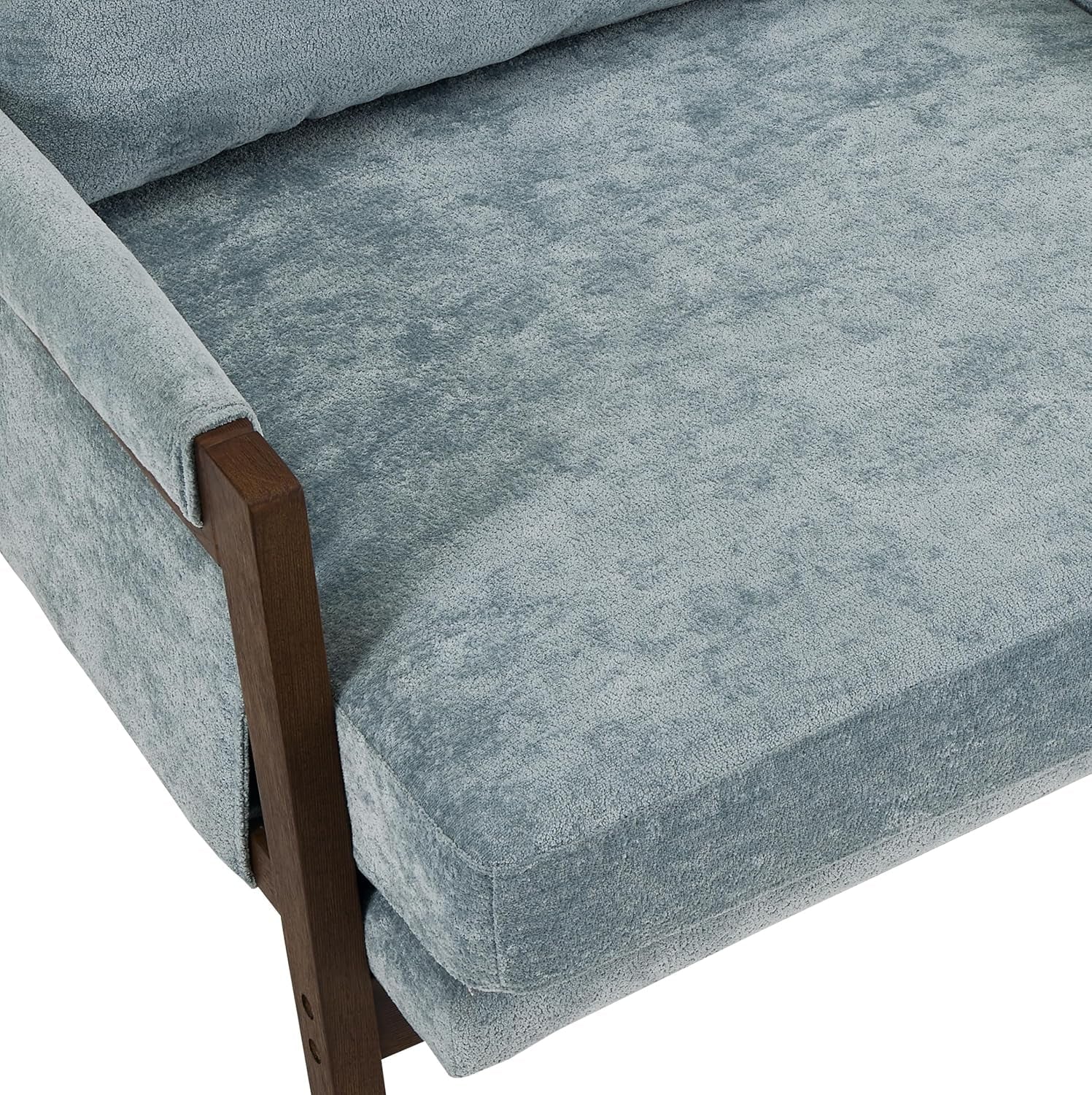 Gray upholstered chair with wooden armrest on a white background