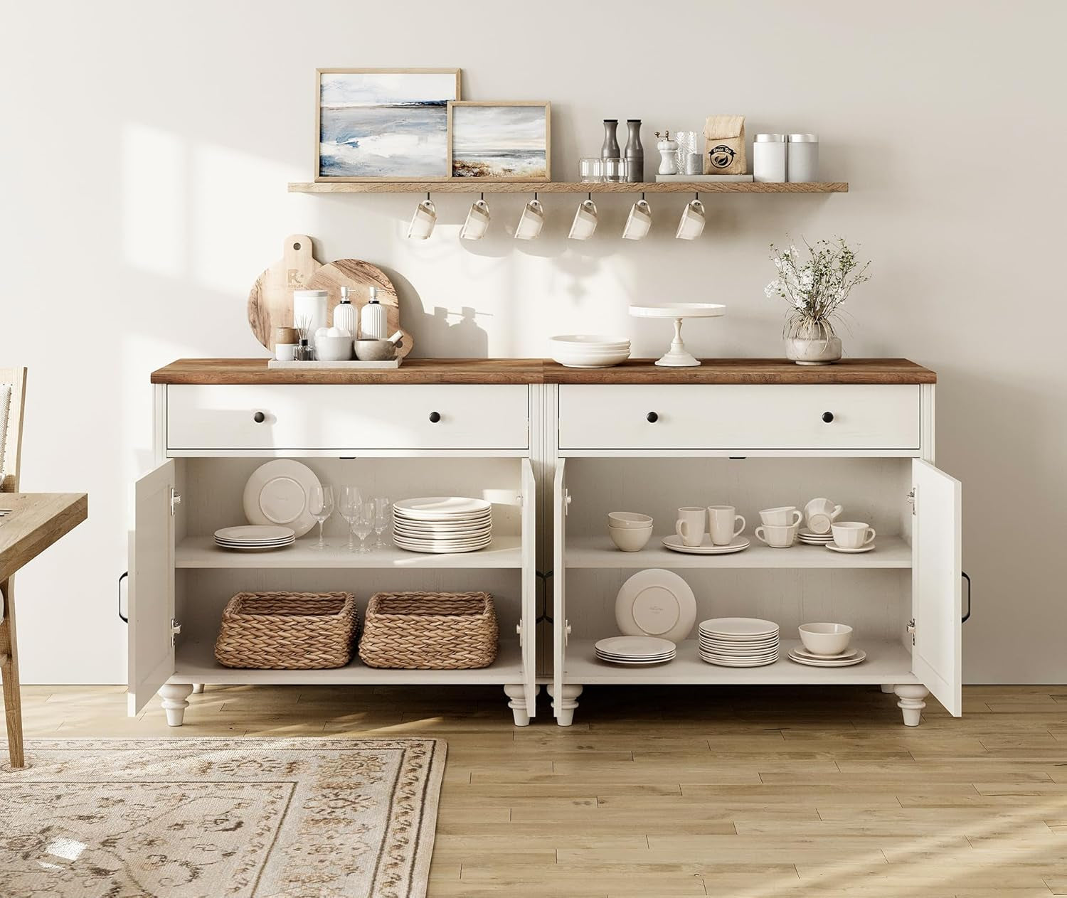 WAMAPT Buffet Cabinet with 4 Doors and 2 Drawers, Large Coffee Bar Tables Wood Kitchen Storage Cabinets with Storage Cabinets, Modern Farmhouse Sideboard Credenza for Dining Room, off White, 68 Inch-2