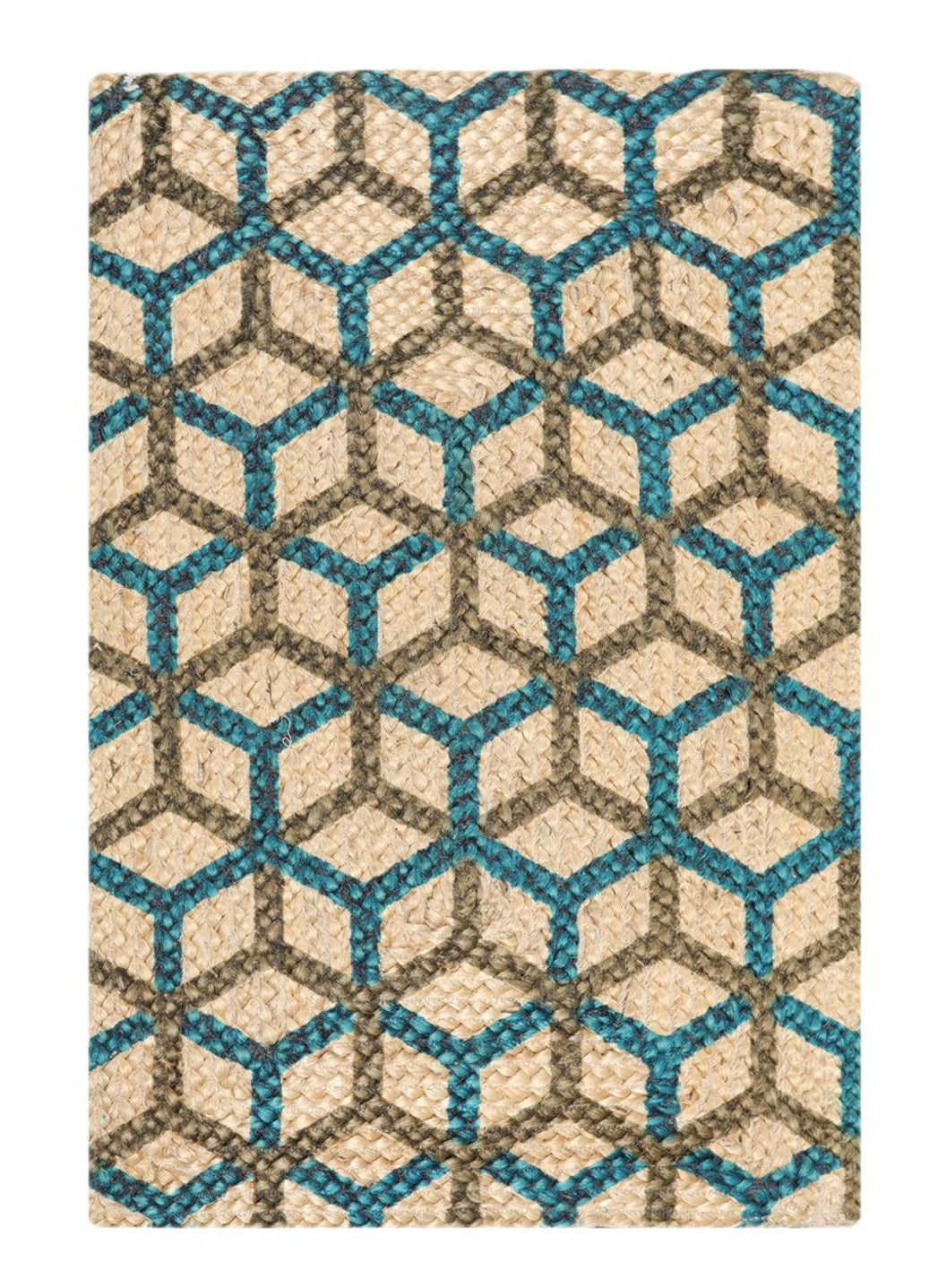 Geometric patterned rug with blue and brown design on a beige background