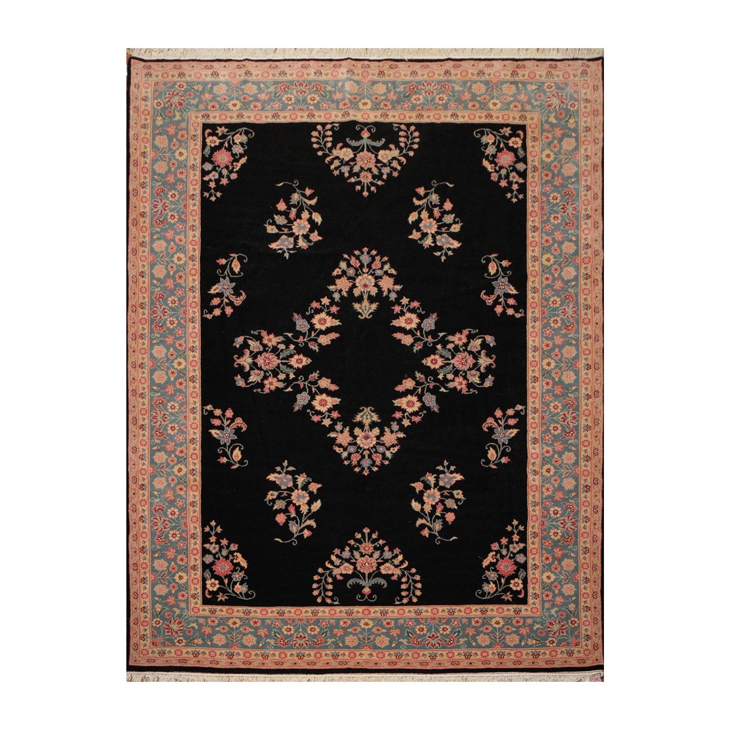Decorative rug with floral patterns on a black background