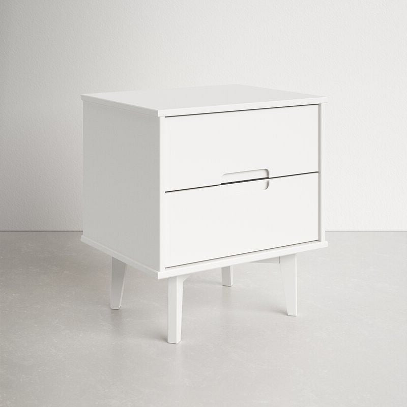 White nightstand with a single drawer on a plain background