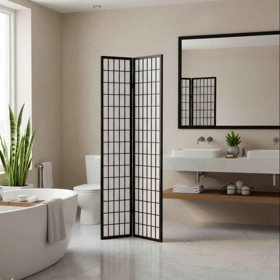 Three-panel folding screen with wooden frame and transparent panels on a white background