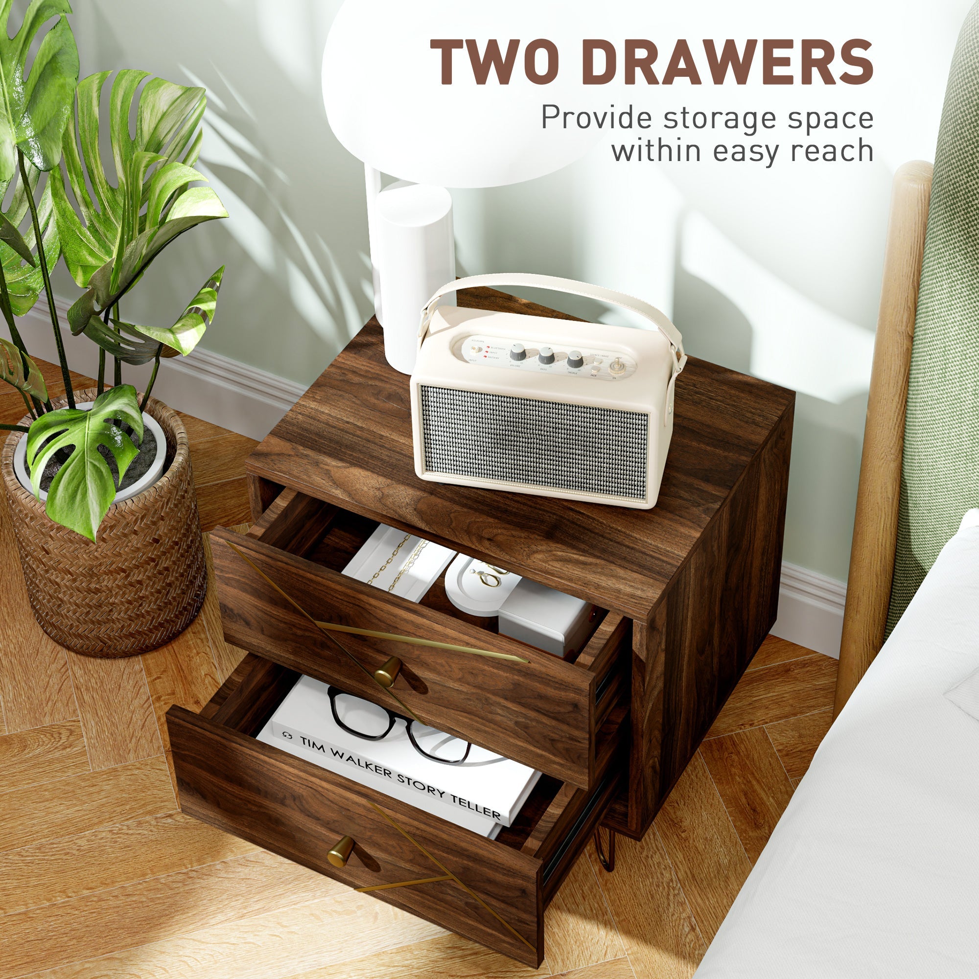 Bedside Tables Set of 2, Modern Side Table Set with 2 Drawers and Steel Hairpin Legs, Nightstand for Bedroom, Brown Wood Grain-4
