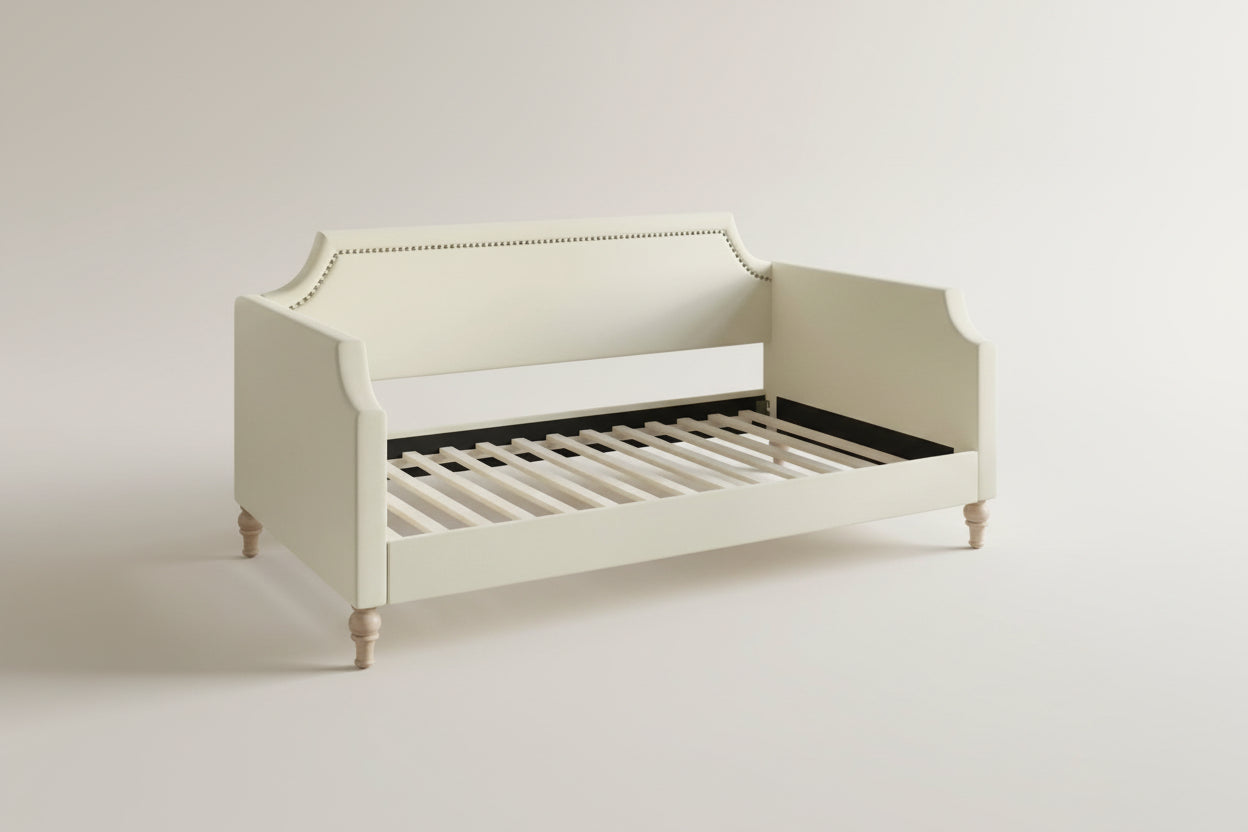 Twin size Beige Cream Polyester Fabric Upholstered Daybed with Nailhead Trim-3