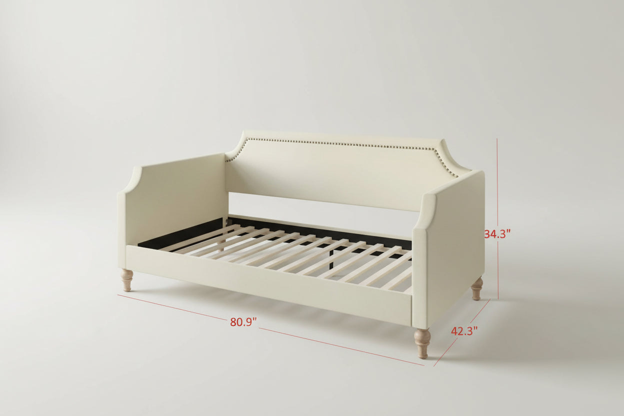 Twin size Beige Cream Polyester Fabric Upholstered Daybed with Nailhead Trim-4