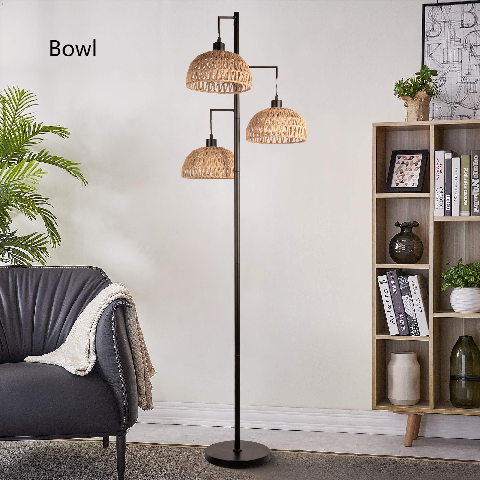 Floor lamp with wicker lampshades in a living room setting.