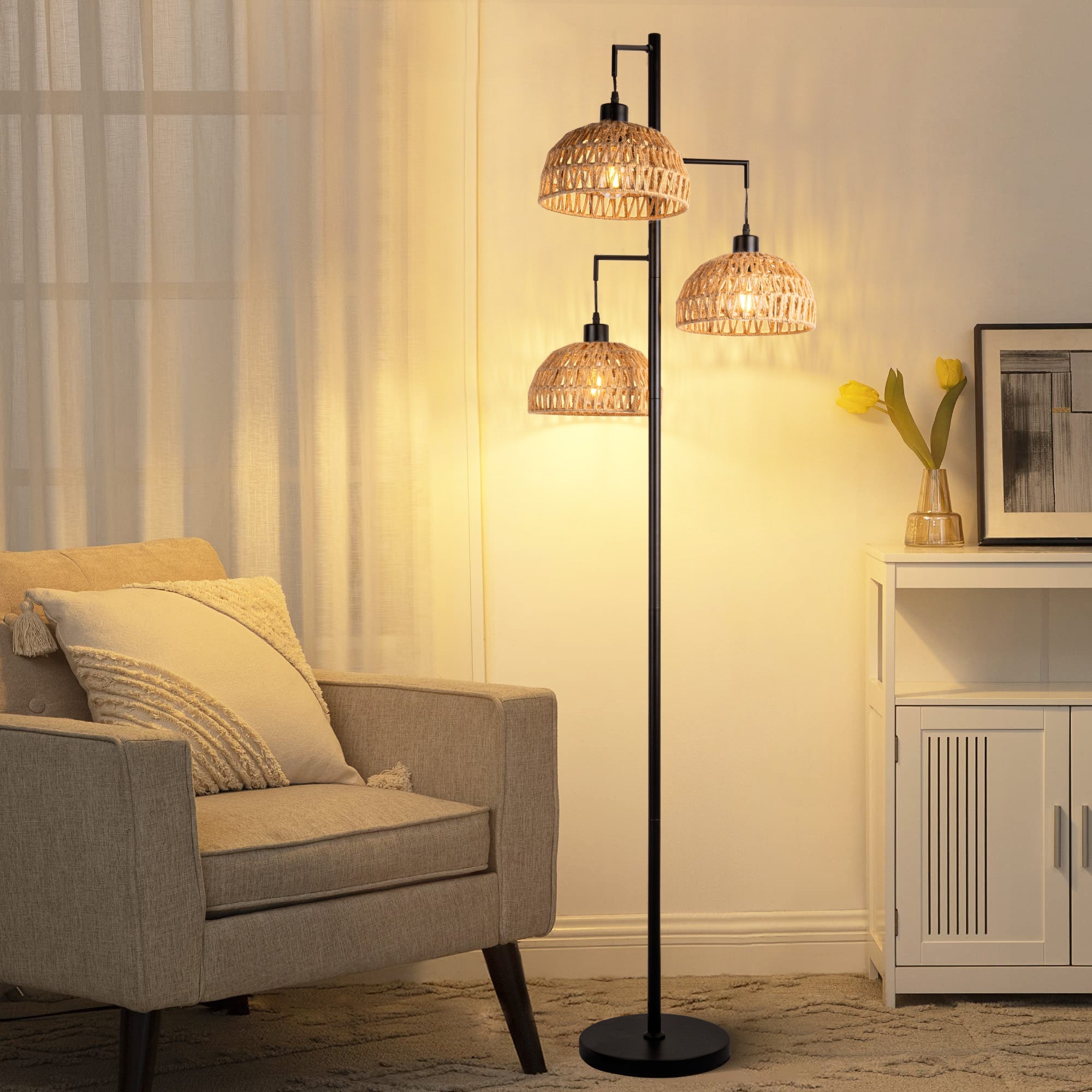 Decorative floor lamp in a living room setting with a sofa and side table.