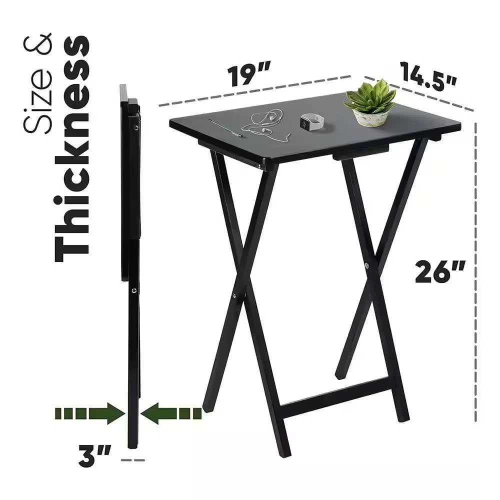 Black folding table with measurements on a white background