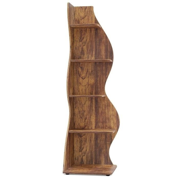 Wooden bookshelf with wavy design on a white background