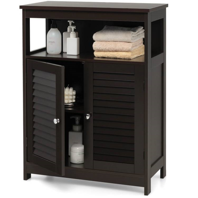 Brown Farmhouse Bathroom Linen Cabinet with Louvered Doors and Open Shelf-0