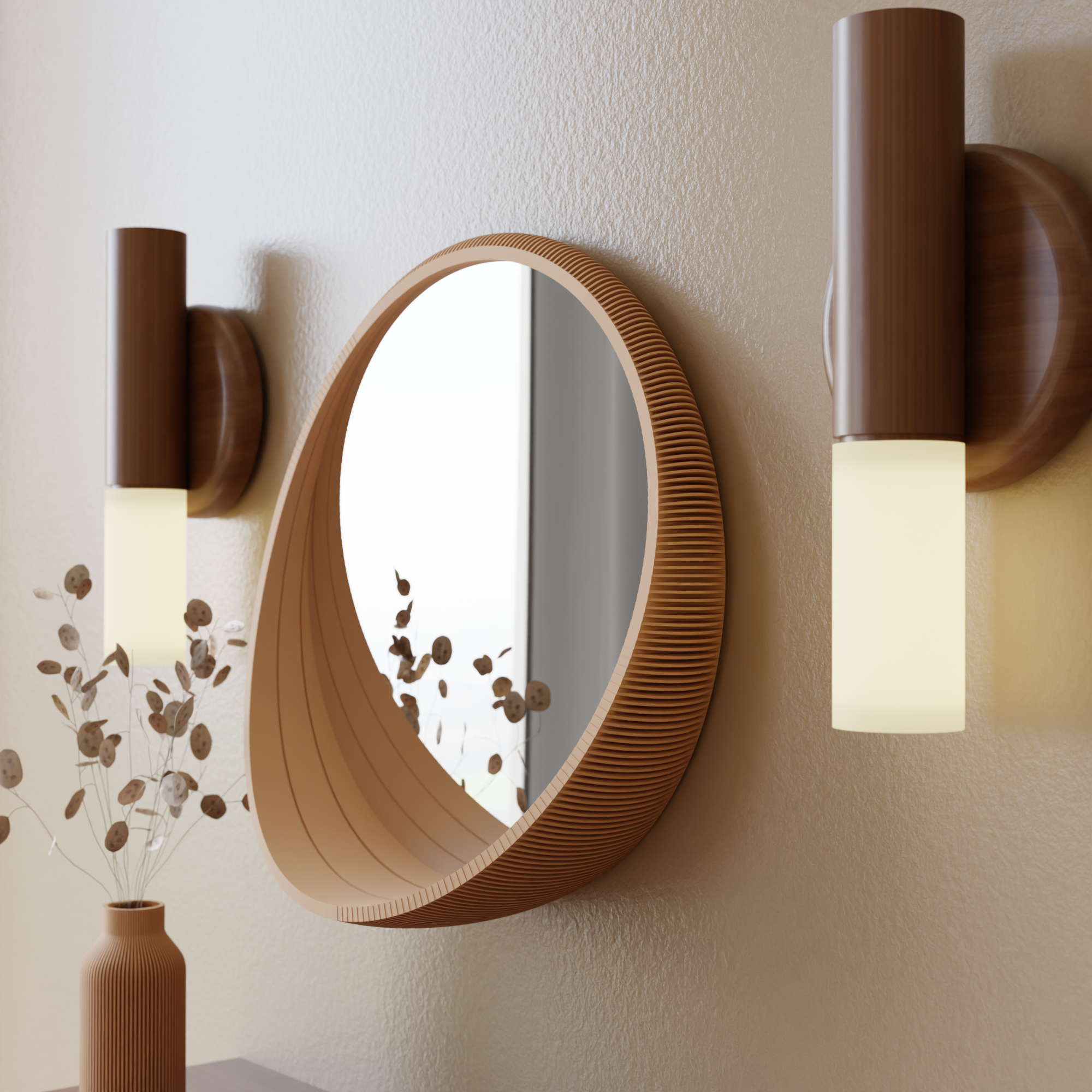 Round wooden mirror with two wall-mounted lights on a beige wall.