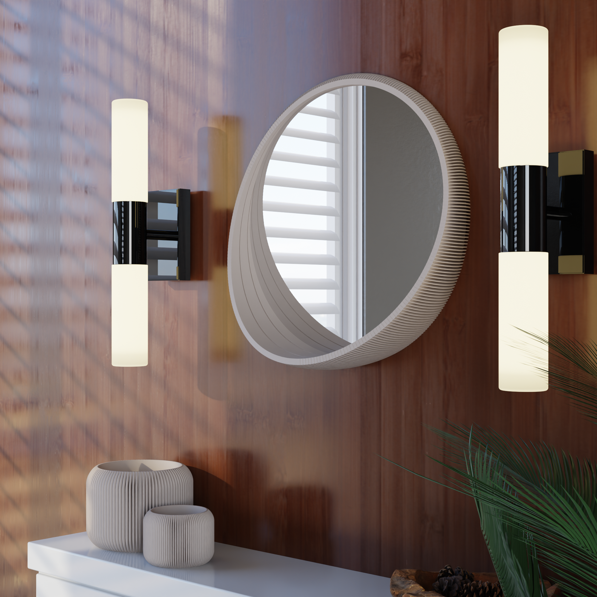 Round mirror with two wall lights on a wooden wall
