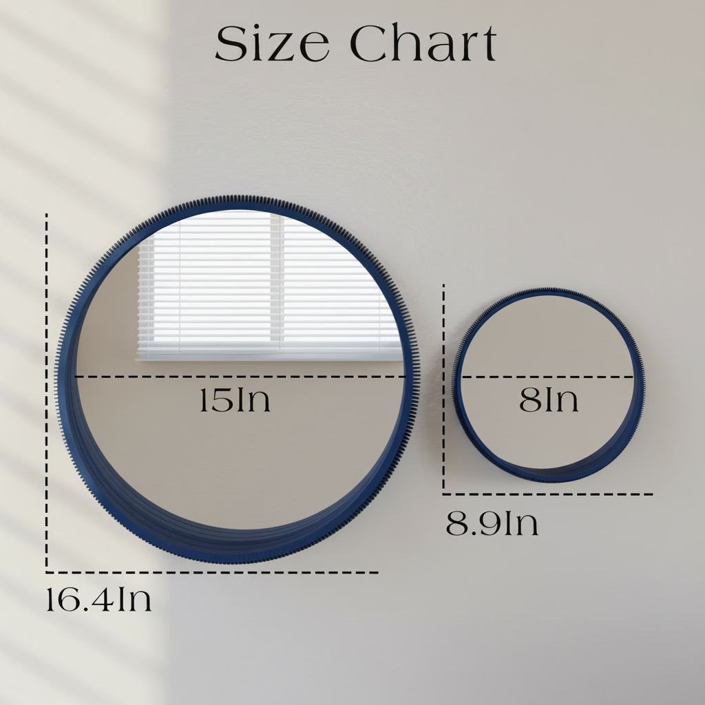 Size chart showing a round mirror with dimensions on a plain background