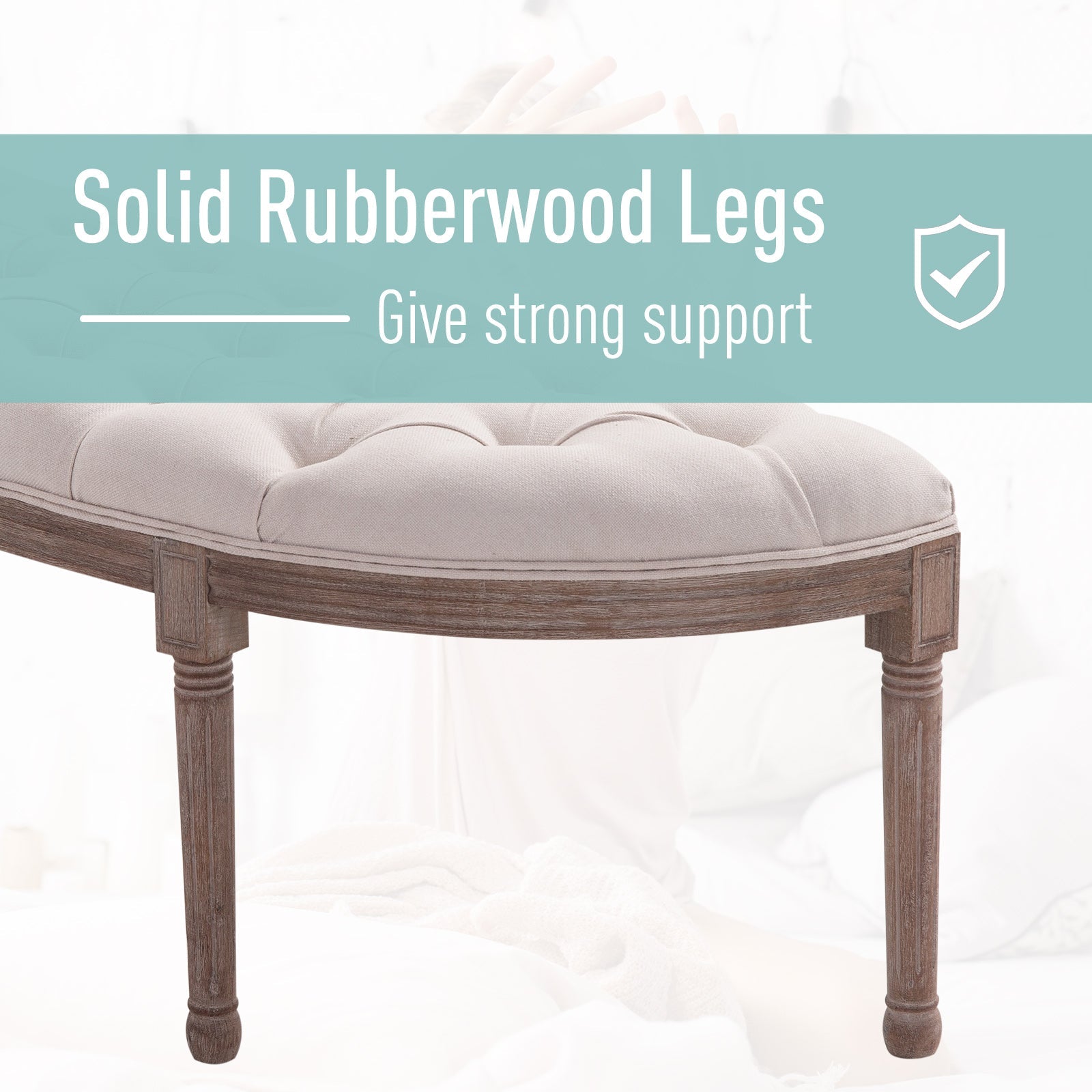Half-Circle End Bench Ottoman Footstool Tufting Padded Seat Brushed Wood Base Antique Accents Home Seat Furniture Cream White-3