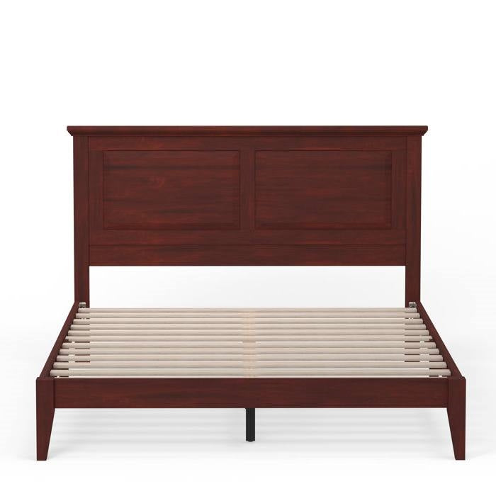 Wooden bed frame with slatted bed base on a white background