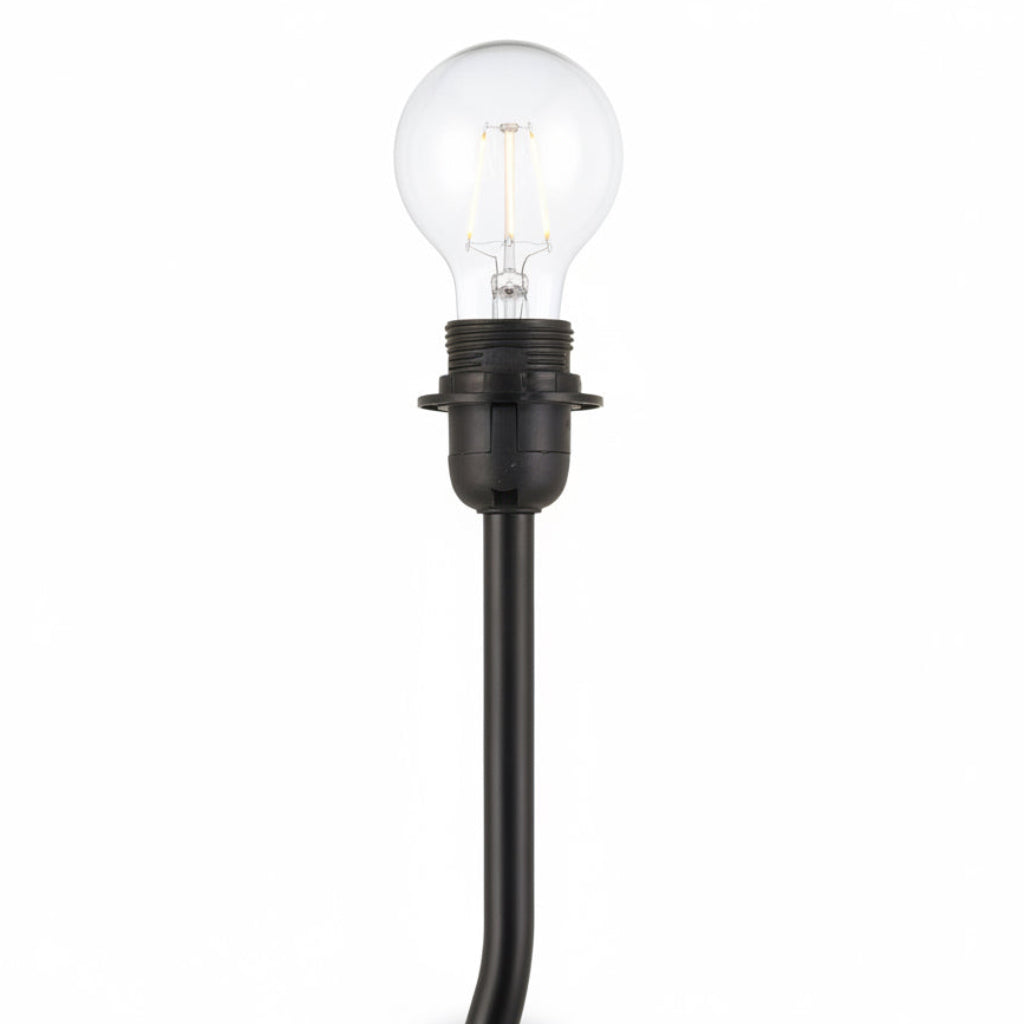 Light bulb with black base and cord on a white background