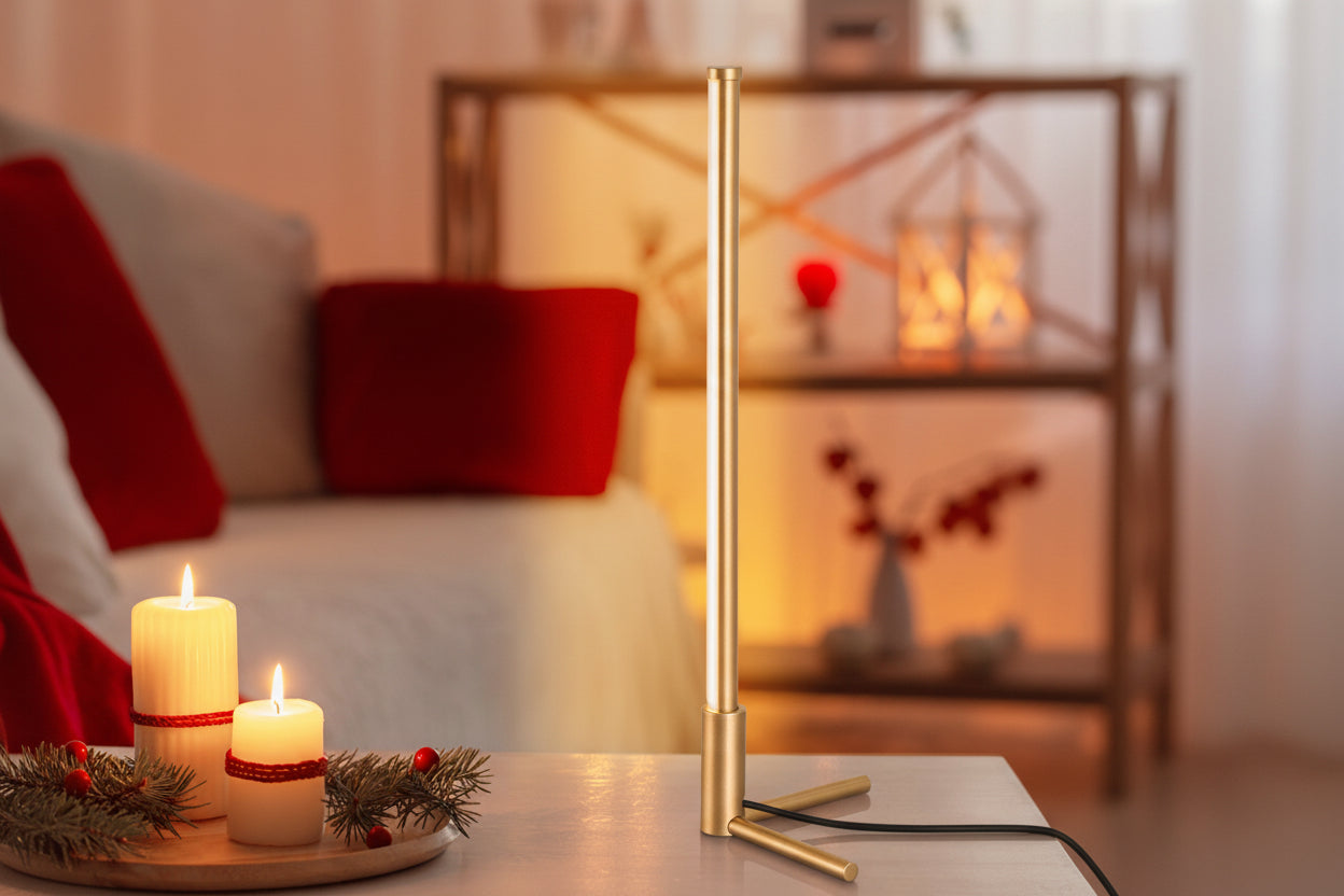 Gold lamp on a table with candles and decorative elements in a cozy room setting.