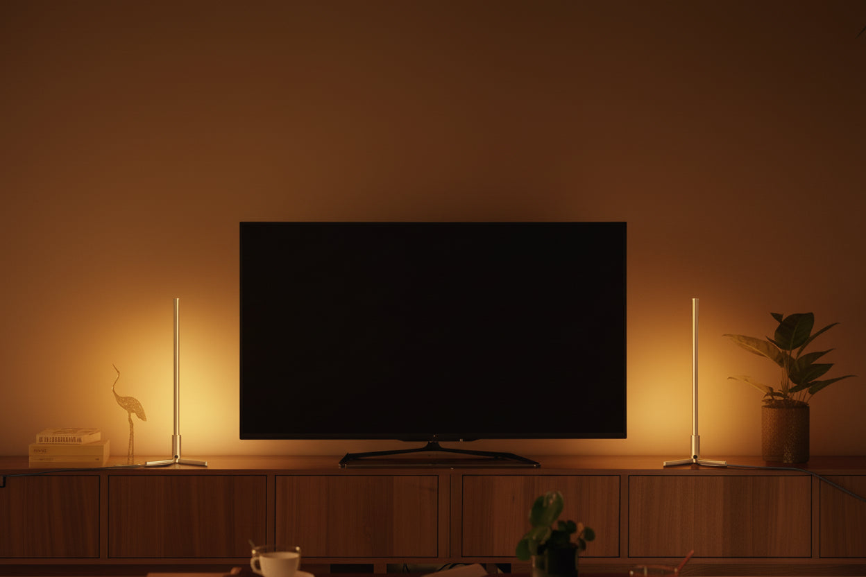 Living room with a TV displaying a sunset scene, surrounded by decorative items.