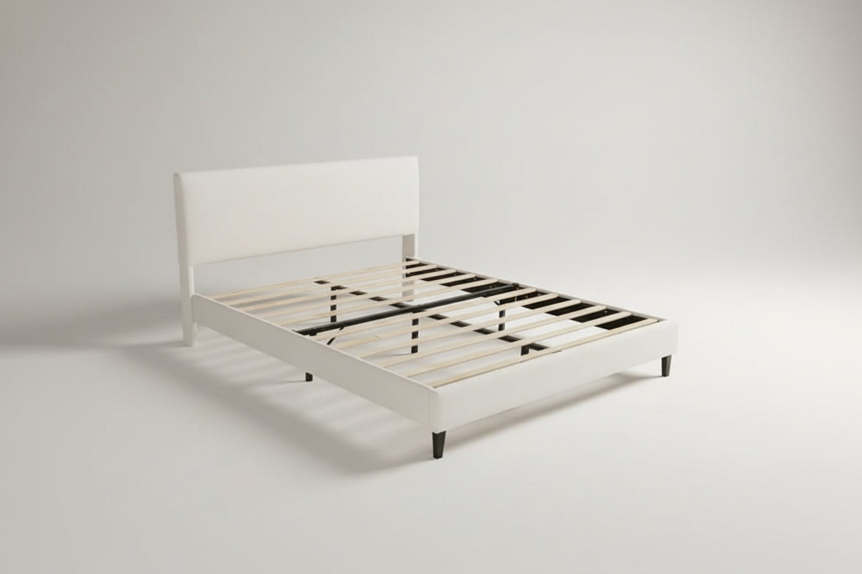 Wooden bed frame with metal support on a white background