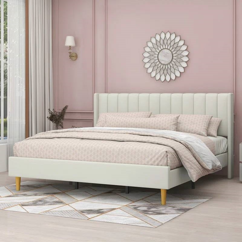Queen Mid-Century Platform Bed Frame with Cream Velvet Upholstered Headboard-1