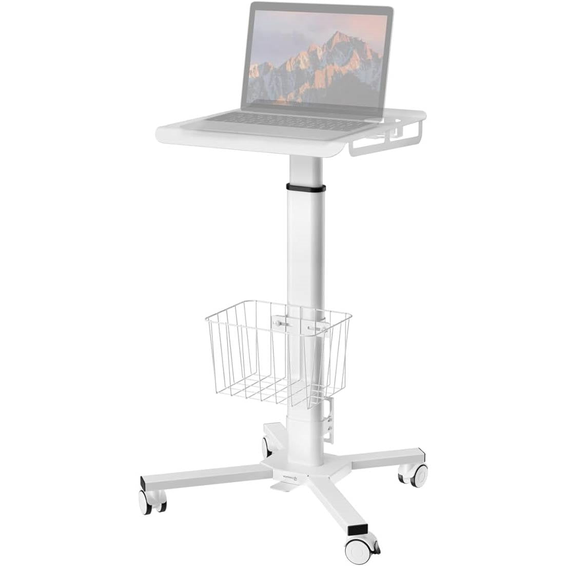 White adjustable laptop stand with wheels on a white background