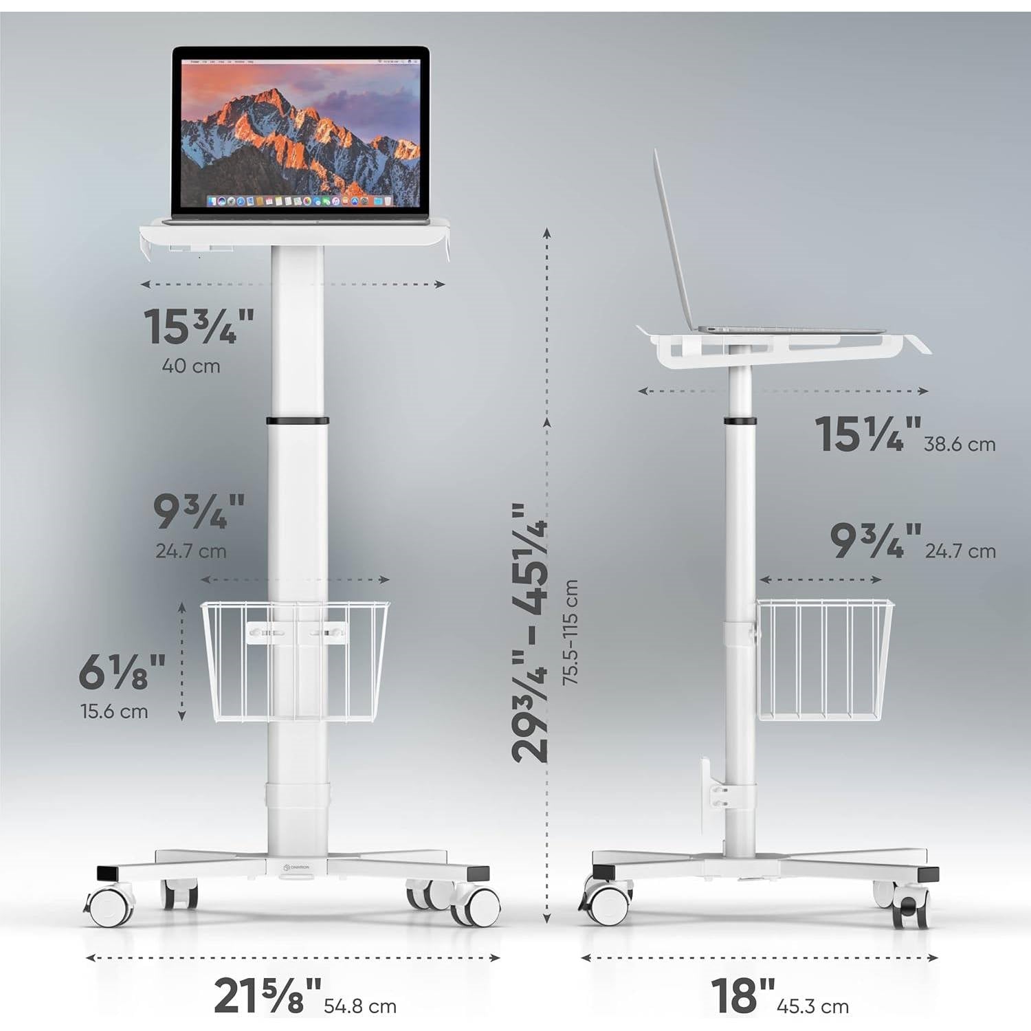 Height-adjustable desk with dimensions labeled on a gray background