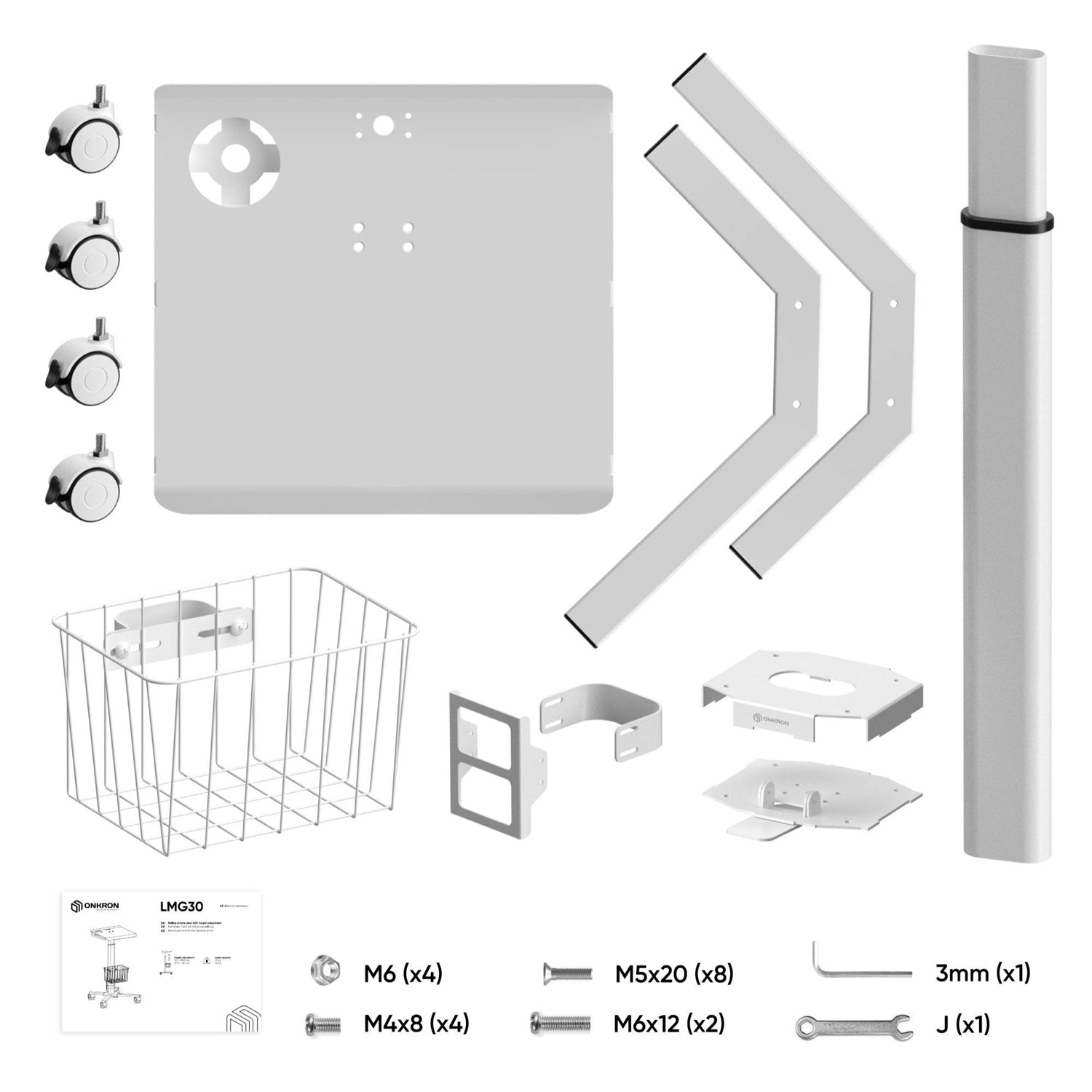 Set of white metal brackets and components on a white background